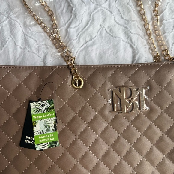 Badgley Mischka Tan Brown Quilted Tote Bag Gold Detail Vegan Leather Zipper - Picture 2 of 8